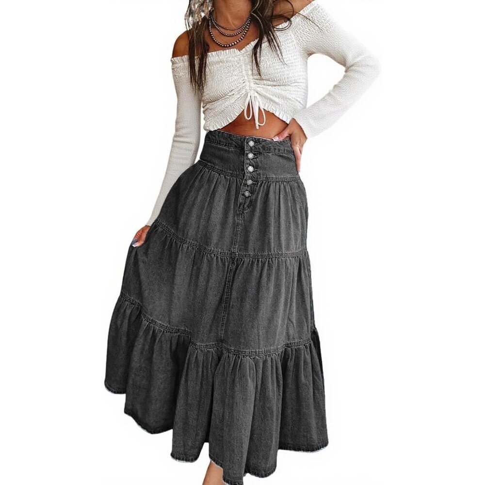 Women's High Waist Denim Maxi Skirt Ruffle A-Line Pockets Sizes to Fit